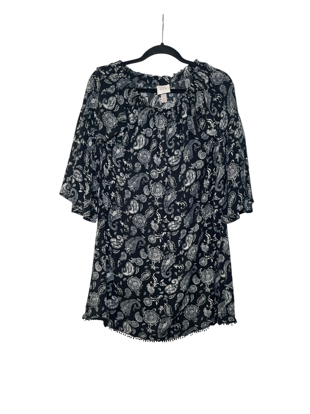 Knox Rose Black Paisley Elastic Neck Bell Sleeve Dress 100% Rayon Size Medium